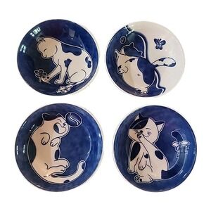 4/ Blue White 4oz Ceramic Dipping Bowls Cute Asian Cat Soy Sauce Trinket Dishes